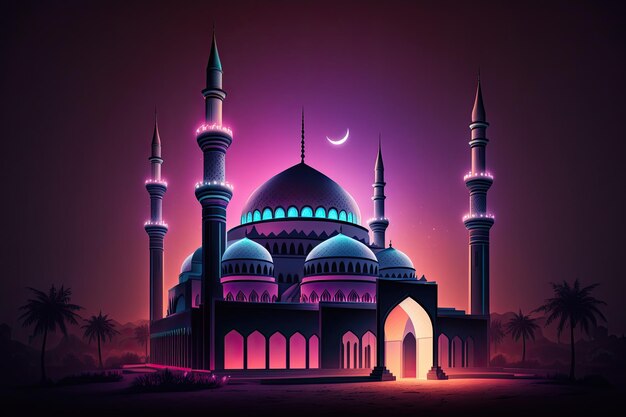 Tło Ramadan Kareem w neonowych kolorach z meczetem i półksiężycem renderowania 3d