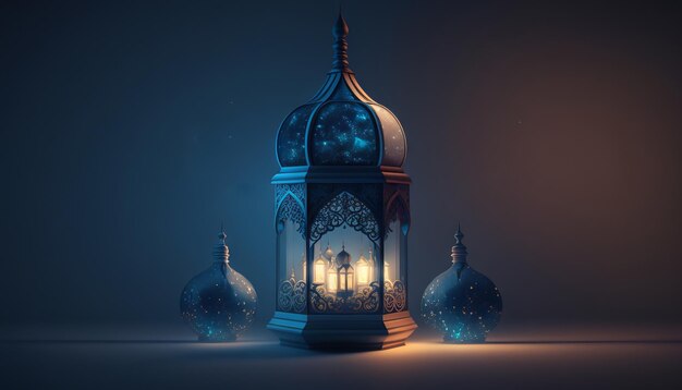 Tło Ramadan Kareem z arabskimi lampionami i generatywną sztuczną inteligencją meczetu