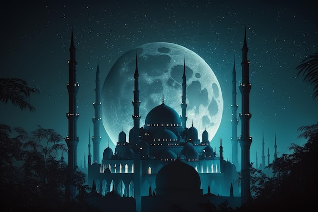 Tło Ramadan Kareem z meczetem i generatywną sztuczną inteligencją pełni księżyca