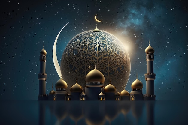 Tło Ramadan Kareem z meczetem i półksiężycem renderowania 3d