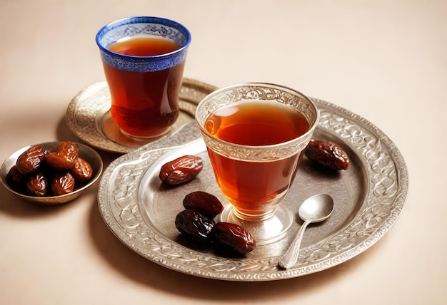 tło ramadanu Szklana herbata z tradycyjnym metalowym uchwytem z datami