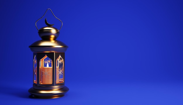 Tło Ramadanu z miejsca kopiowania i złotej latarni, ilustracja renderowania 3d.
