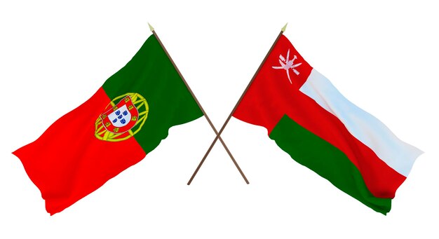 Tło renderowania 3D dla projektantów ilustratorów Flagi narodowe z okazji Dnia Niepodległości Portugalii i Omanu