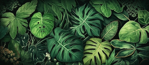 Tło różnych zielonych liści tropikalnych Panoramiczne tło Generatywna ilustracja AI