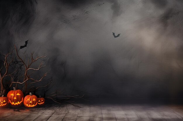 Zdjęcie tło sceny halloween z świecącymi oczami jack o latarni las i nietoperze