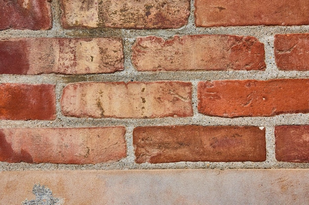Tło ściany z brudnej czerwonej cegły z kawałkiem brązowego betonu na dnie