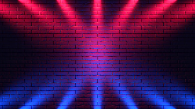 Tło ściany z cegły, światło neonowe. Ilustracja 3D