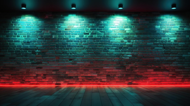 Tło ściany z cegły z czerwonymi i niebieskimi światłami neonowymi