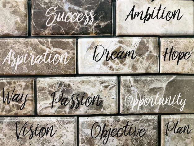 Zdjęcie tło ściany z cegły z pozytywnymi słowami koncepcja sukcesu