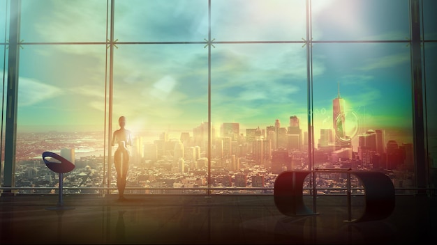 Tło scifi z androidem stojącym przed panoramicznym oknem z widokiem na panoramę miasta render 3D