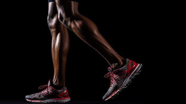 Tło sportowe Runner Widok z boku nóg joggera odizolowanych na czarno Generative AI