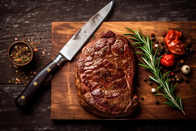 Tło surowe mięso wołowe jedzenie stek ciemne mięso smażone czerwone średnie grill Generatywne AI