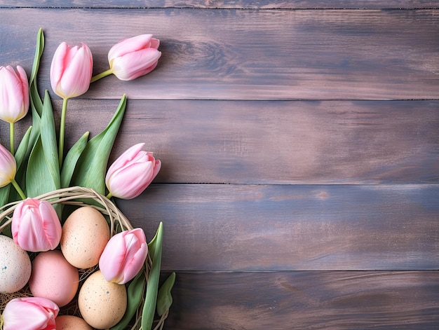 Tło świąt wielkanocnych z jajkami wielkanocnymi i tulipanami