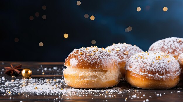 Tło świąteczne Chanuka z Sufganiyot na ciemnym tle