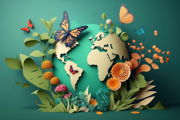 Tło światowego dnia środowiska z kwiatem i motylem Dzień Ziemi Generatywna AI