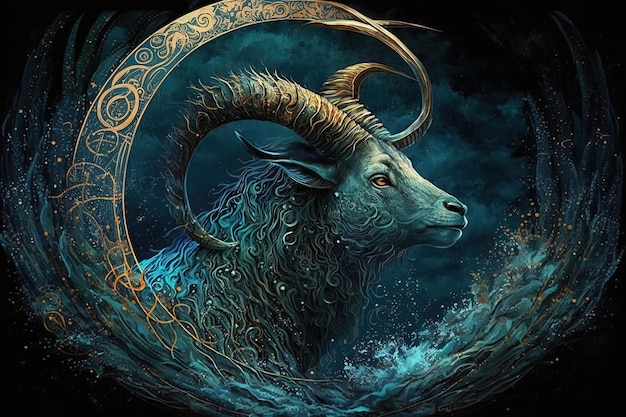 Tło świętego zodiaku Koziorożec symbole astrologia alchemia magia czary i wróżby generatywne AI cyfrowy obraz Znak zodiaku Koziorożec na rozgwieżdżonym niebie z bliska