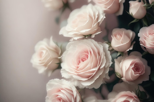 Tło świeżego mleka, delikatne, pastelowe, kolorowe róże ślubne.