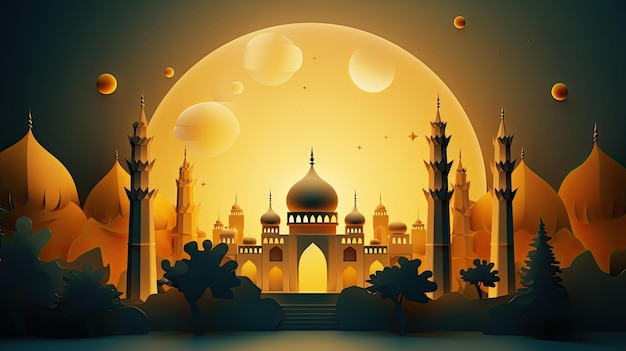 Tło szczęśliwego ramadan kareem Ilustracja abstrakcyjnego wyciętego z papieru półksiężyca meczetu wygenerowanego przez AI
