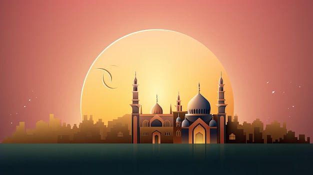 Tło szczęśliwego ramadan kareem Ilustracja abstrakcyjnego wyciętego z papieru półksiężyca meczetu wygenerowanego przez AI