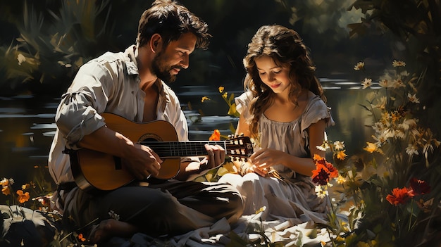tło szczęśliwej rodziny grającej muzykę nad rzeką w wieczornym słońcu