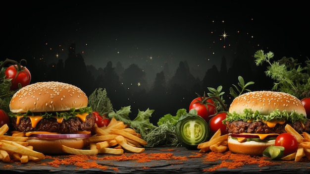 tło tablicy kredowej z burgerem na środku Świeży, smaczny burger na ciemnym tle