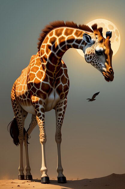 Tło tapety dzikiej przyrody żyrafy ilustracja fotografii HD pod księżycem w nocy