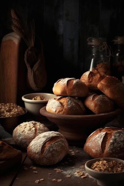 Tło tematyczne przedstawiające asortyment świeżo upieczonego chleba rzemieślniczego