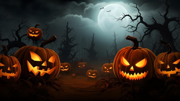 Tło transparentu halloween z dynią halloween i nocną sceną