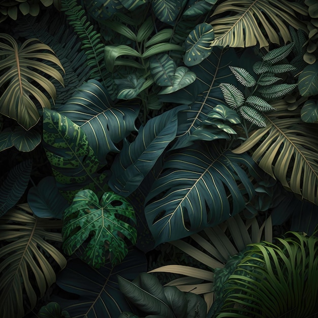 Zdjęcie tło tropikalnej dżungli, post w tle zielonych liści, wygenerowana reklama ai
