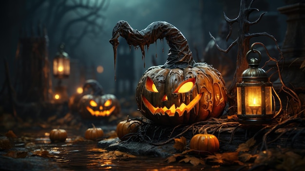 tło upiorne dynie halloween z pomarańczowymi światłami