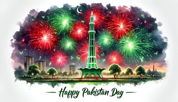 Tło uroczystości Dnia Pakistanu w stylu akwarelu z minar e pakistan i fajerwerkami