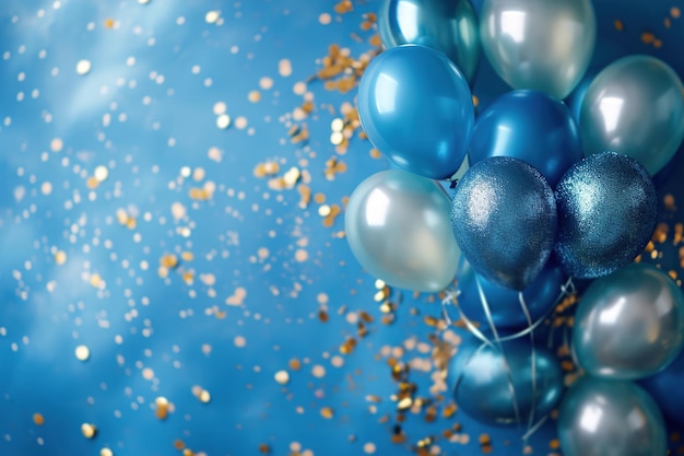 Tło uroczystości z niebieskimi i srebrnymi balonami i złotymi konfetami idealne na urodziny chłopców lub przyjęcie powitalne z dużą ilością miejsca na wiadomości lub szczegóły wydarzeń Generatywna sztuczna inteligencja