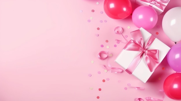 Tło urodzin płaskie różowe pudełko z prezentami balony i konfetti na stole