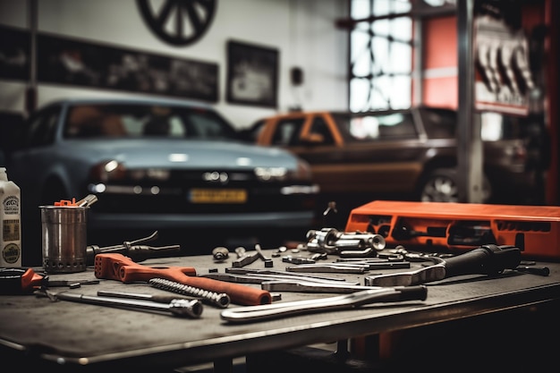 Zdjęcie tło usługi naprawy samochodów z zestawem narzędzi na stole generacyjna ai