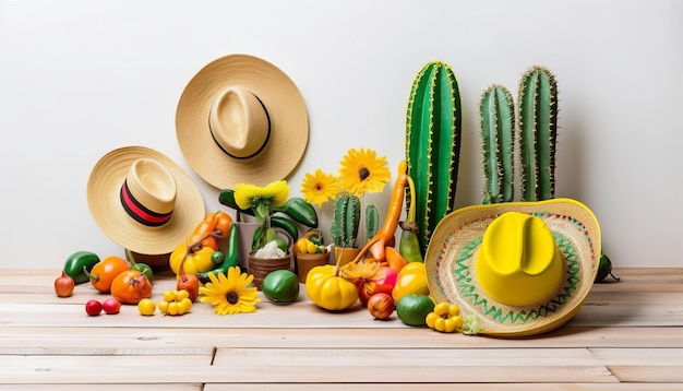 Tło wakacje Cinco de Mayo z meksykańskim kaktusem i imprezowym kapeluszem sombrero na drewnianym stole
