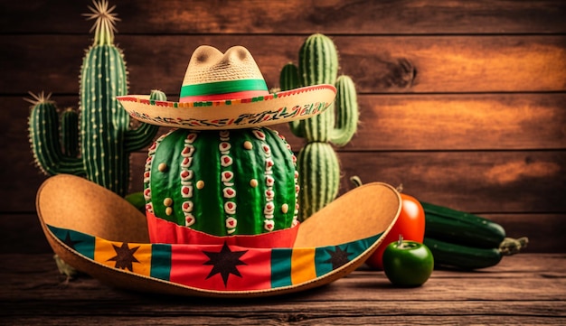 Tło wakacje Cinco de Mayo z meksykańskim kaktusem i kapeluszem sombrero na drewnianym stole