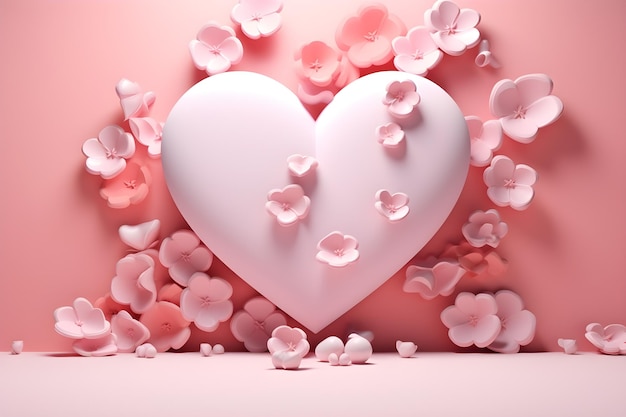 Zdjęcie tło walentynek 3d renderowanie z sercem i słodkimi kwiatami w kolorze pastelowym generatywny ai