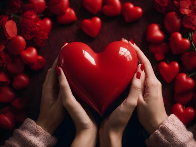 Tło Walentynki Womans trzyma się za ręce czerwone serce