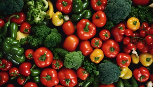 Zdjęcie tło warzyw czerwona żółta zielona i pomarańczowa papryka i brokuły
