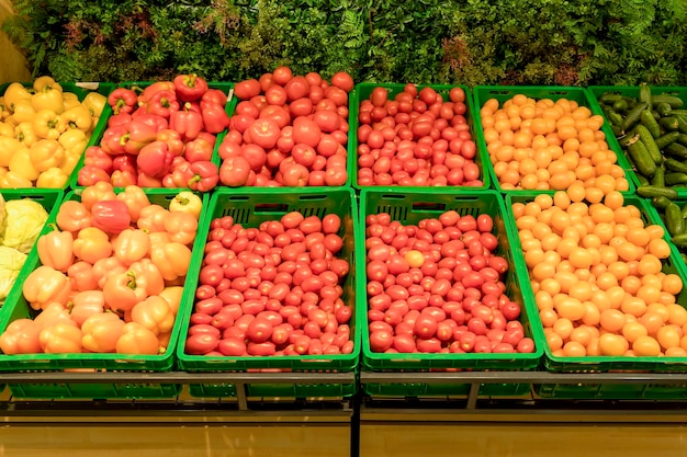 Tło warzyw w supermarkecie Świeże pomidory i papryka w pudełkach na ladzie supermarketu