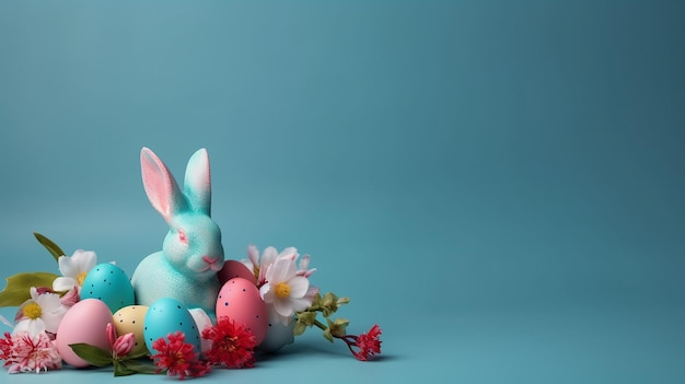 Tło wielkanocne z króliczkiem i kolorowymi jajkami Puste miejsce reklamowe Generative AI