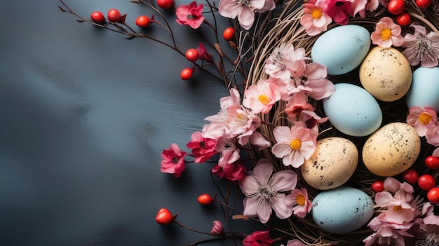 Tło wielkanocne z ozdobami jajecznymi, kwiatami i minimalistycznymi kolorami tła