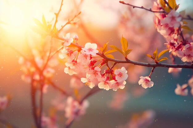 Tło wiosennych kwiatów Scena przyrodnicza z kwitnącym drzewem i rozbłyskiem słońca