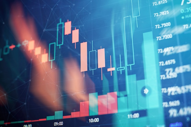 Tło wykresu biznesowego na monitorze, na którym znajduje się analiza rynku. Wykresy słupkowe, diagramy, dane finansowe. Wykres Forex.