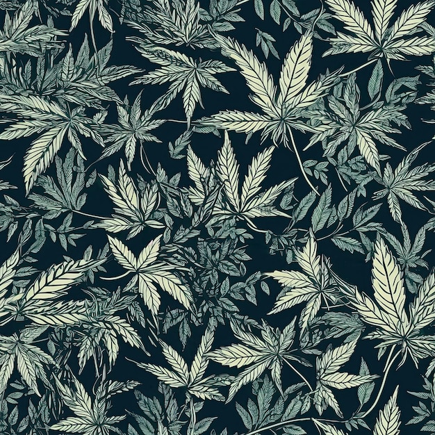 Tło z bezszwowym wzorem z zieloną marihuaną pozostawia generatywną ilustrację AI