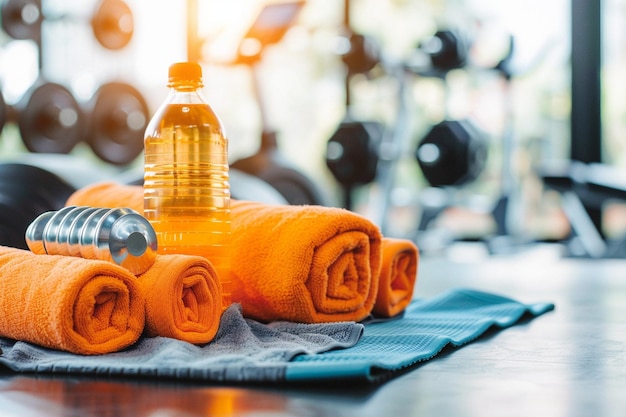 Tło z dźwigniami i butelką do napojów sportowych i fitness po pracy ćwiczenia w siłowni