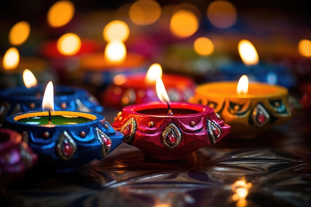 Tło z jasnymi, kolorowymi glinianymi lampami diya na obchody festiwalu diwali