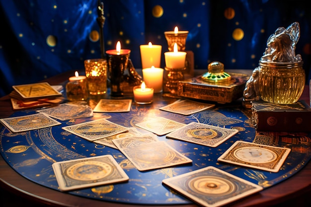 Tło z kartami tarota i świecami na stole