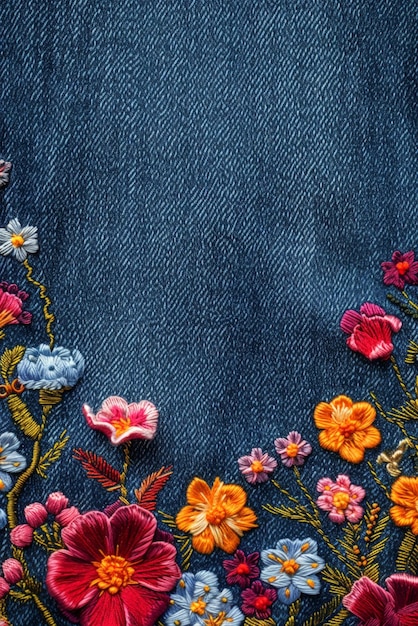Tło z kwiatowym haftowaniem na wierzchu tkaniny dżinsowej