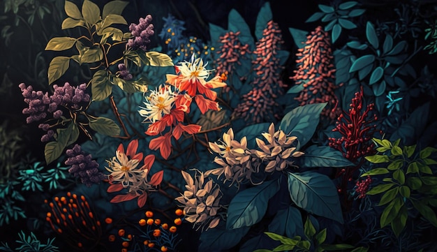 Tło z lasu świeże piękne różnego rodzaju kolorowe kwiaty AI generowane